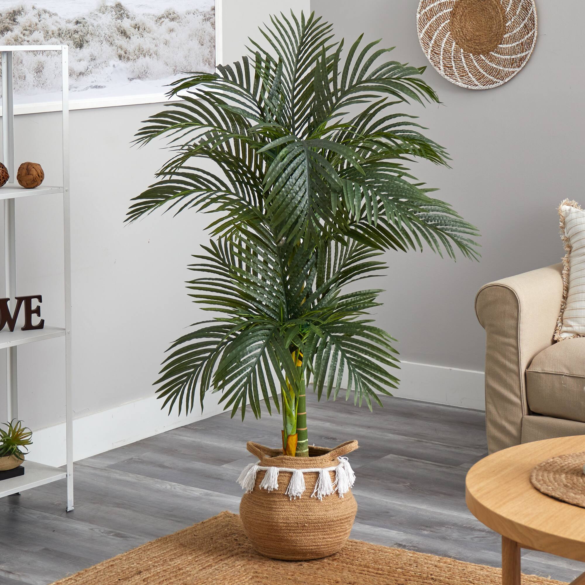 5ft. Artificial Double Stalk Golden Cane Palm Tree with Basket